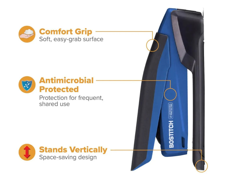 InPower Antimicrobial Spring-Powered Desktop Stapler, 20 Sheets, Blue