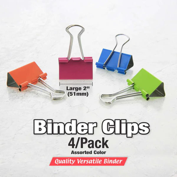 Large 2" (51mm) Assorted Color Binder Clip (4/Pack)