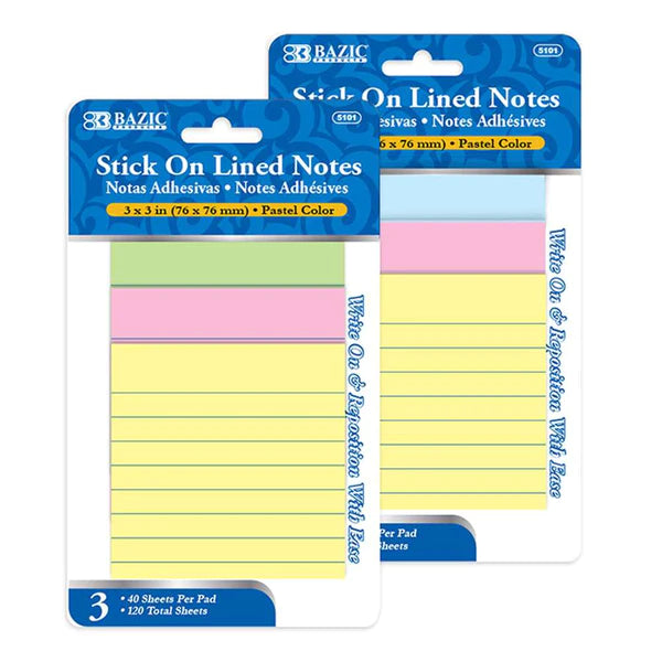 Lined Stick On Notes 3" X 3" 40 Ct. (3/Pack)