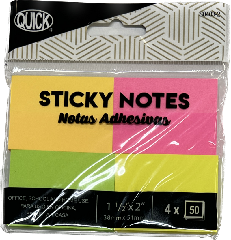 Stick On Notes 1.5" X 2" 4 packs of 50 Neon Colors