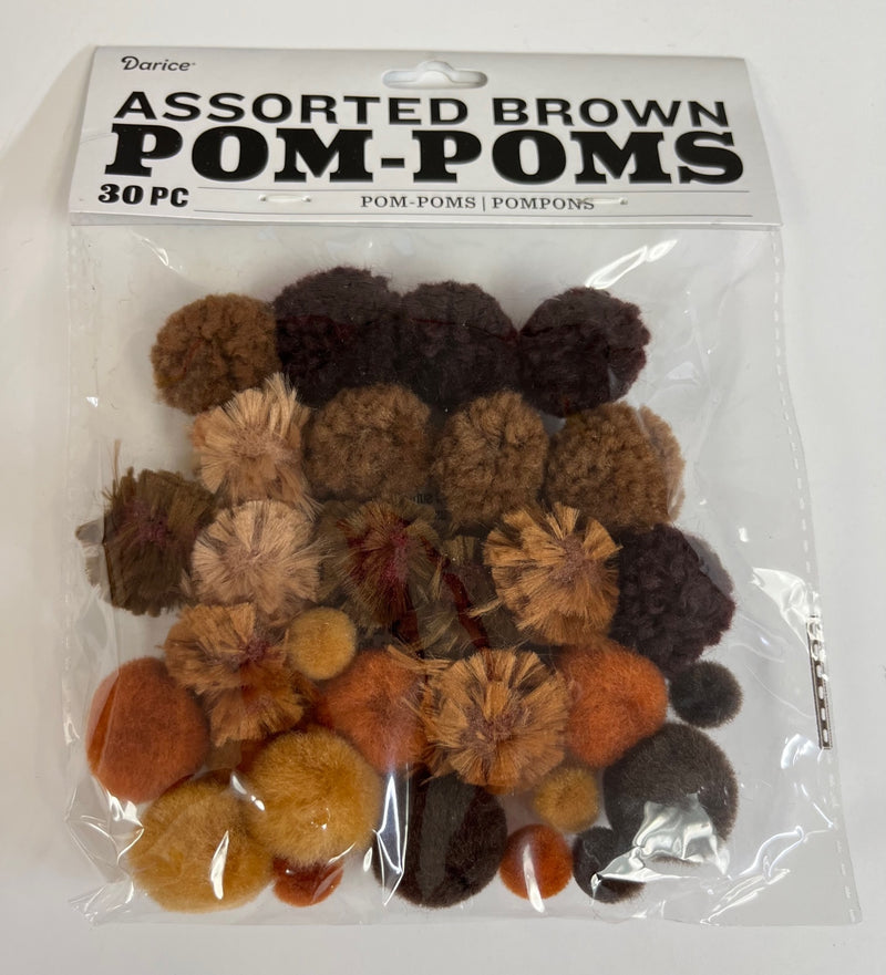 Assorted Pom Poms- Brown 30pc