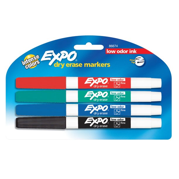 EXPO Low Odor Dry Erase Markers, Fine Tip, Primary Colors, 4 Count