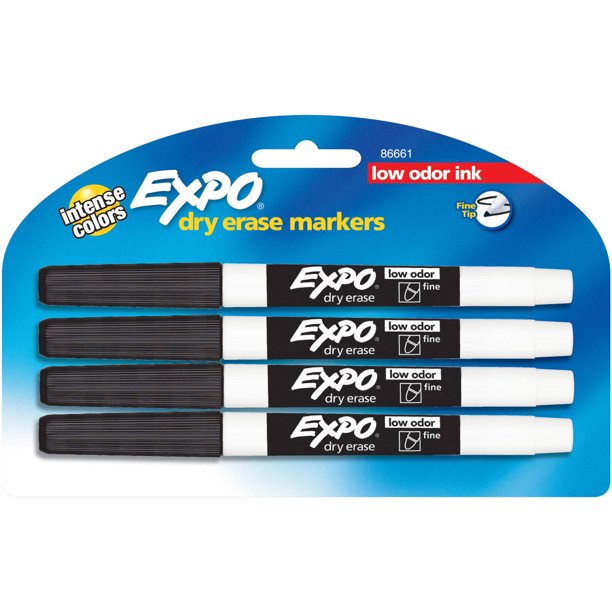 EXPO Low Odor Dry Erase Markers, Fine Point, Black, 4 Count